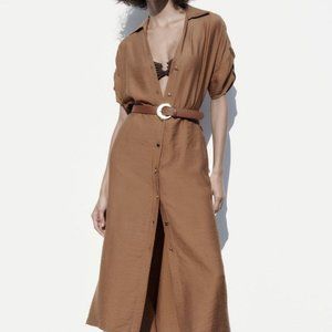 Zara Midi belted Shirt Dress Beige Brown Sz L